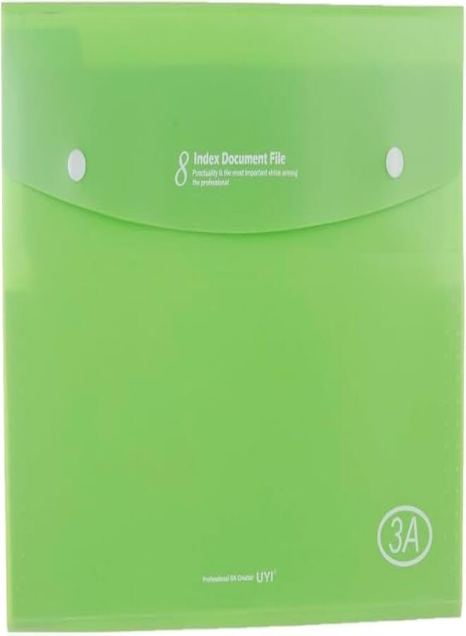 3A KT-9168 Plastic Pocket A4 File with Clips 8 Pockets 25X30 CM - Green
